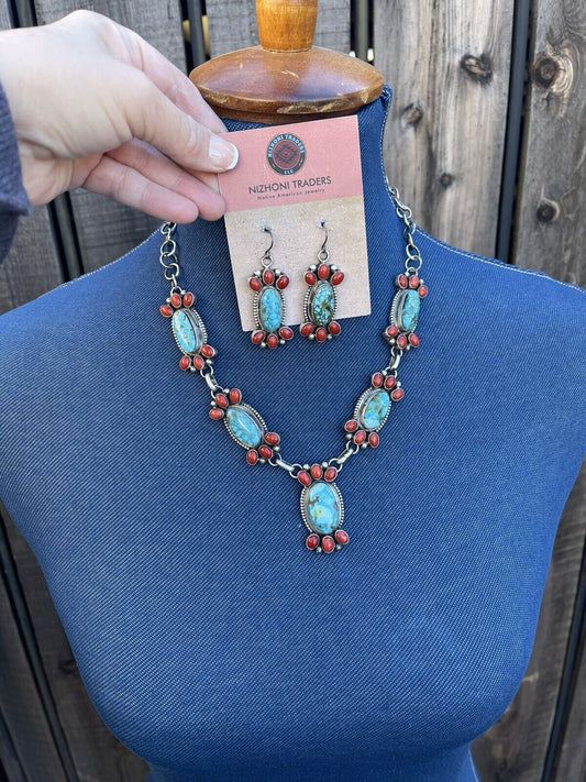 Handcrafted Sterling Kingman Turquoise Natural Red Coral Necklace Set Taos Collection
