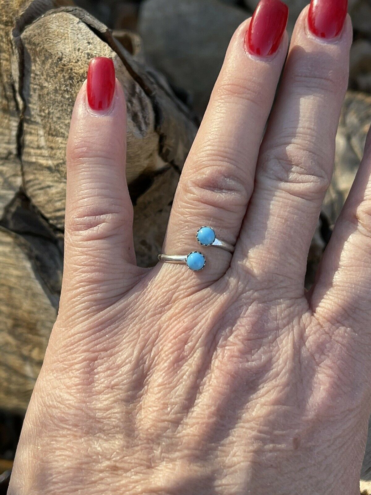 Navajo Turquoise Double Stone & Sterling Silver Adjustable Ring