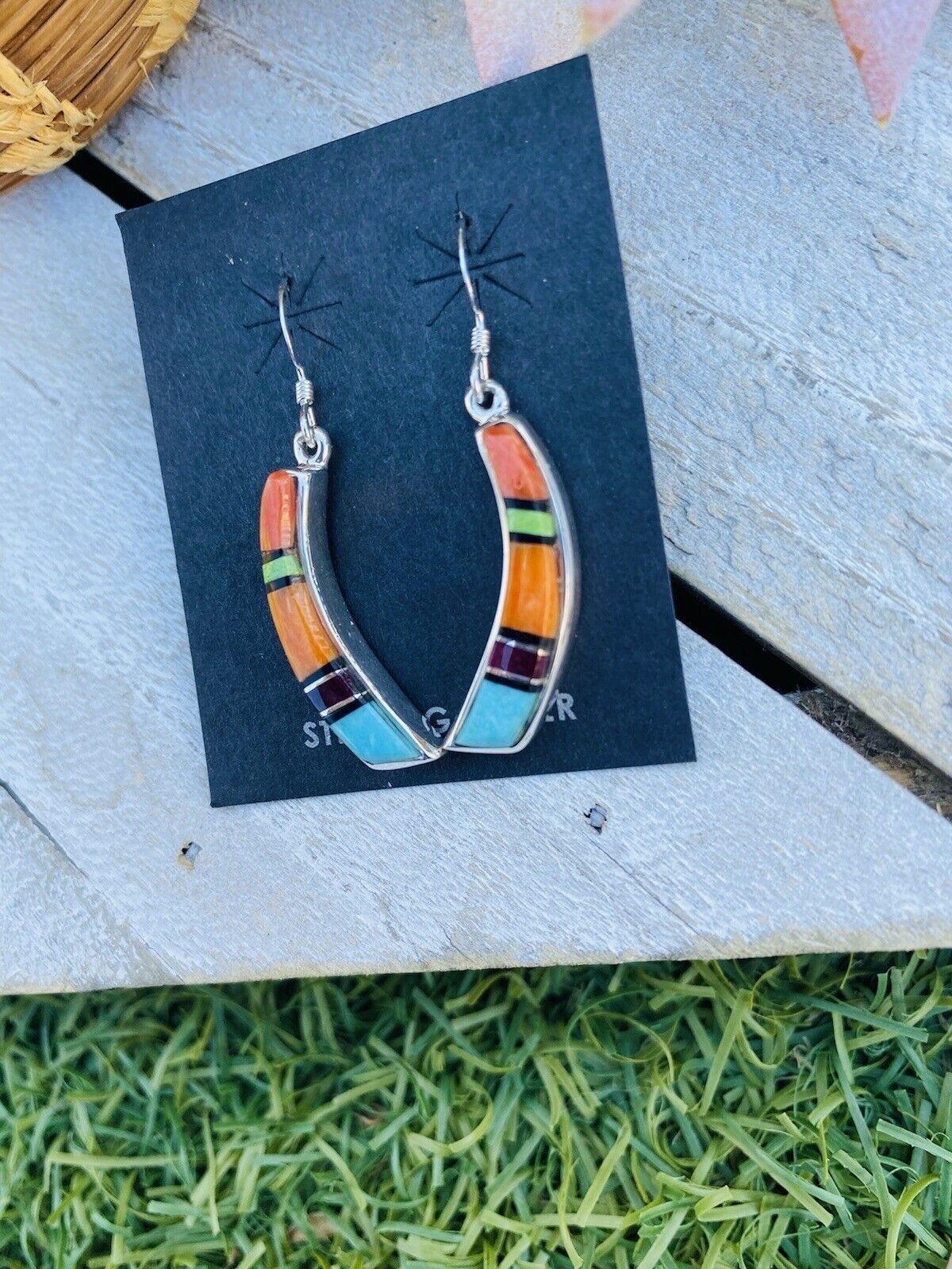 Handcrafted Multi Stone And Sterling Silver Inlay Dangle Earrings