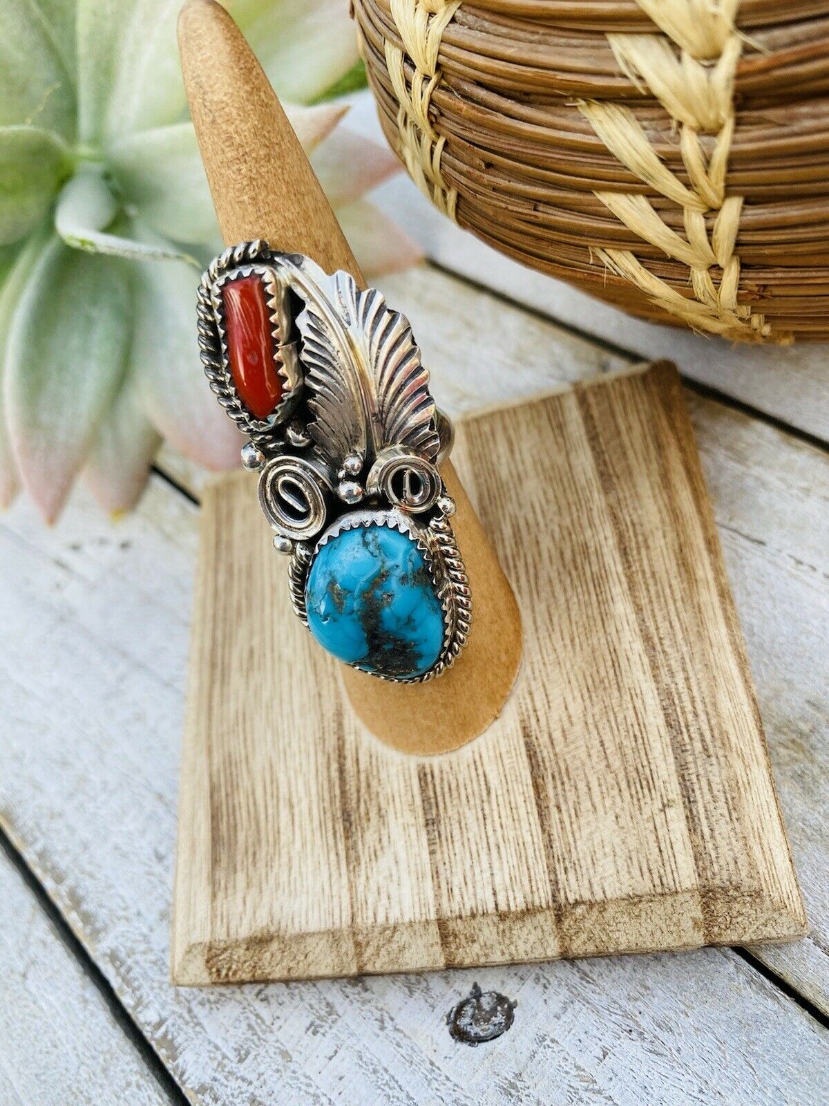 Handcrafted Turquoise, Coral & Sterling Silver Ring Size 5.5