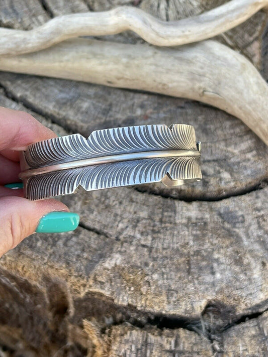 Navajo Sterling Silver Hand Stamped Feather Bracelet Cuff