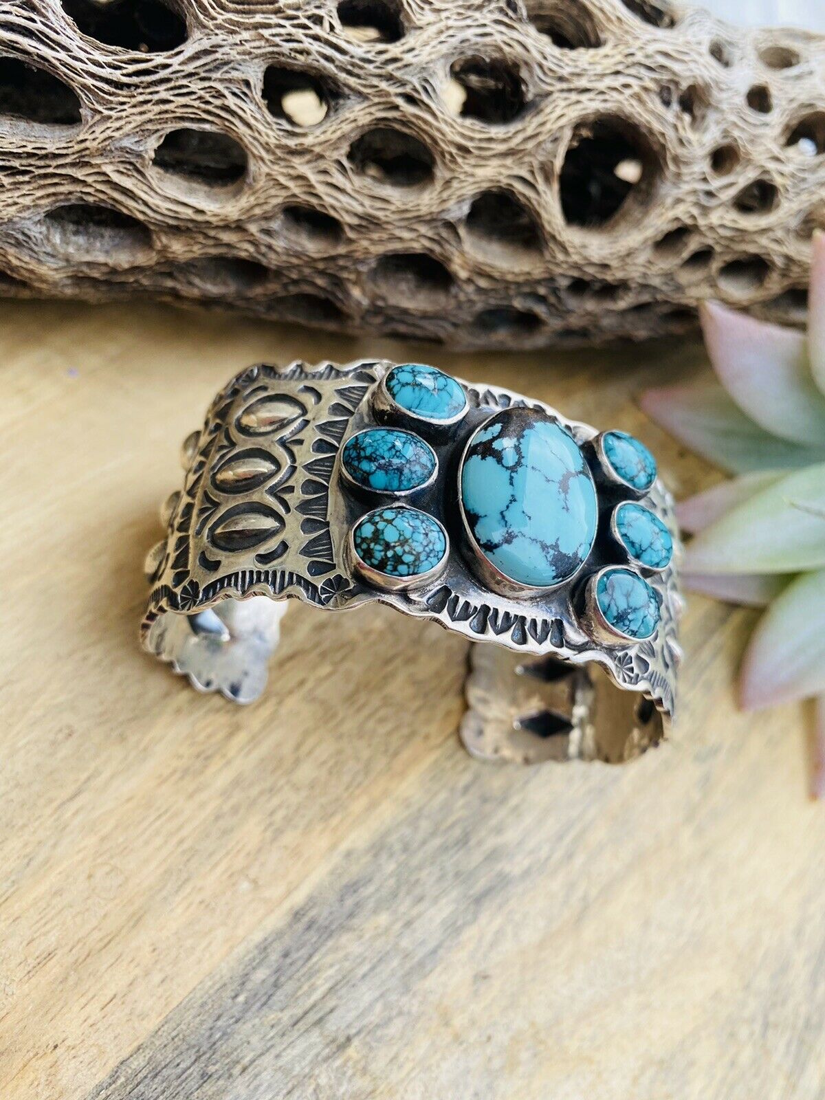 Vintage Navajo Turquoise & Sterling Silver Hand Stamped Cuff Bracelet