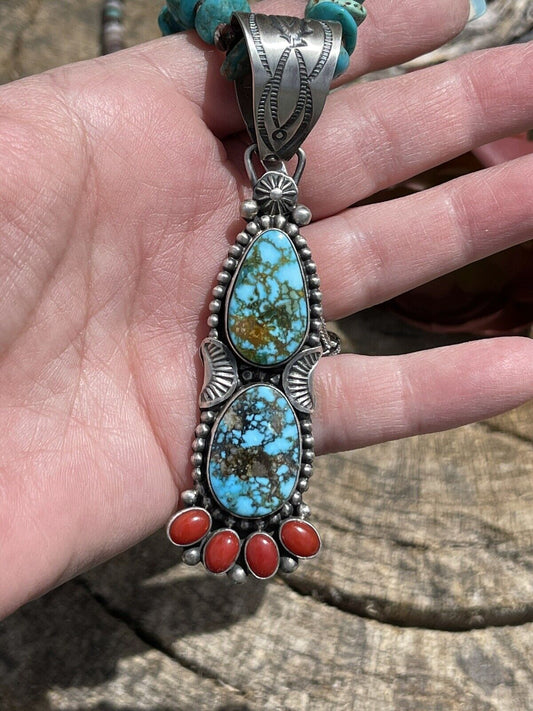Handcrafted Sterling Kingman Web Turquoise & Red Coral Taos Pendant Danny Clark