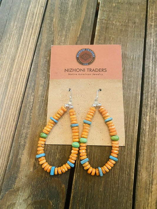Handcrafted Spiny, Turquoise, Gaspeite And Sterling Silver Beaded Dangle Earrings