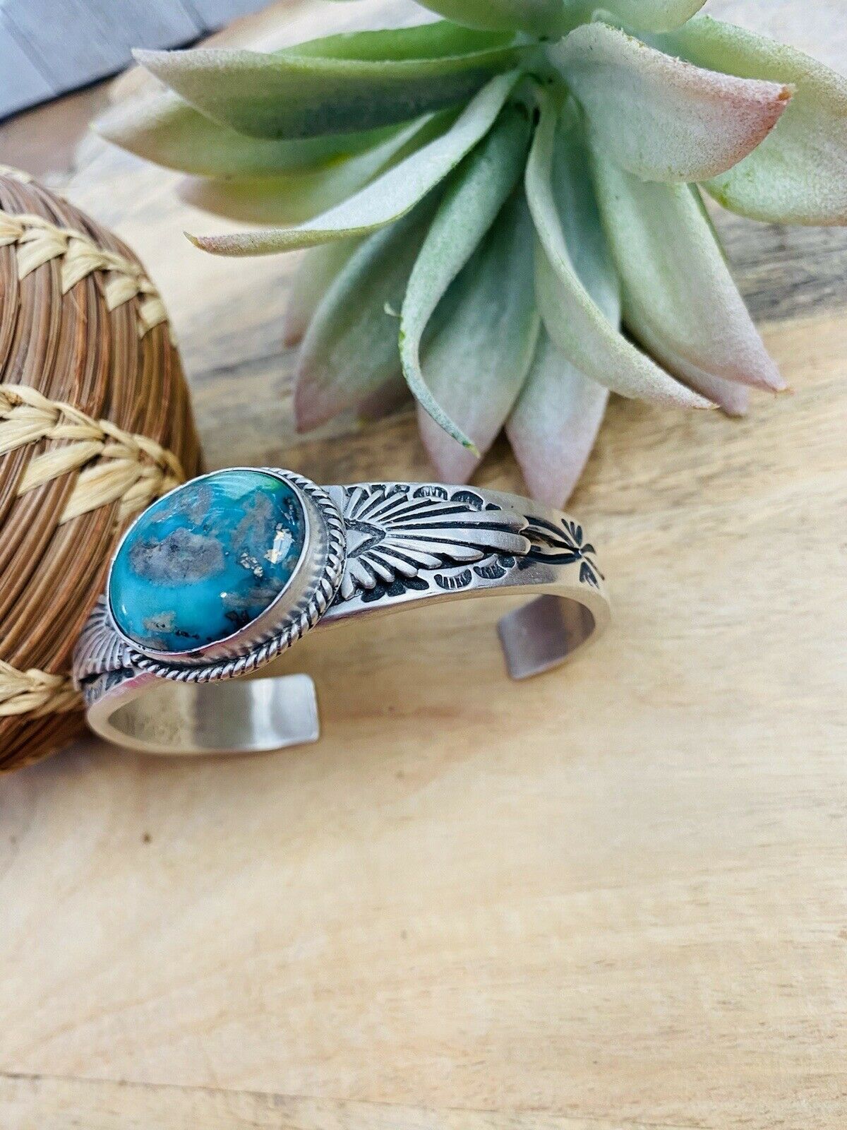 Handcrafted Sterling Silver & Royston Turquoise Cuff Bracelet Signed
