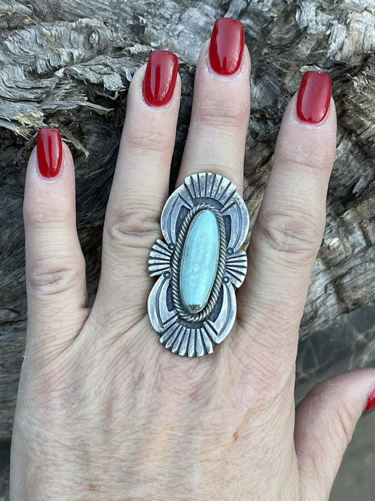 Navajo Sterling Silver Turquoise Nouveau Statement Ring Sz 8