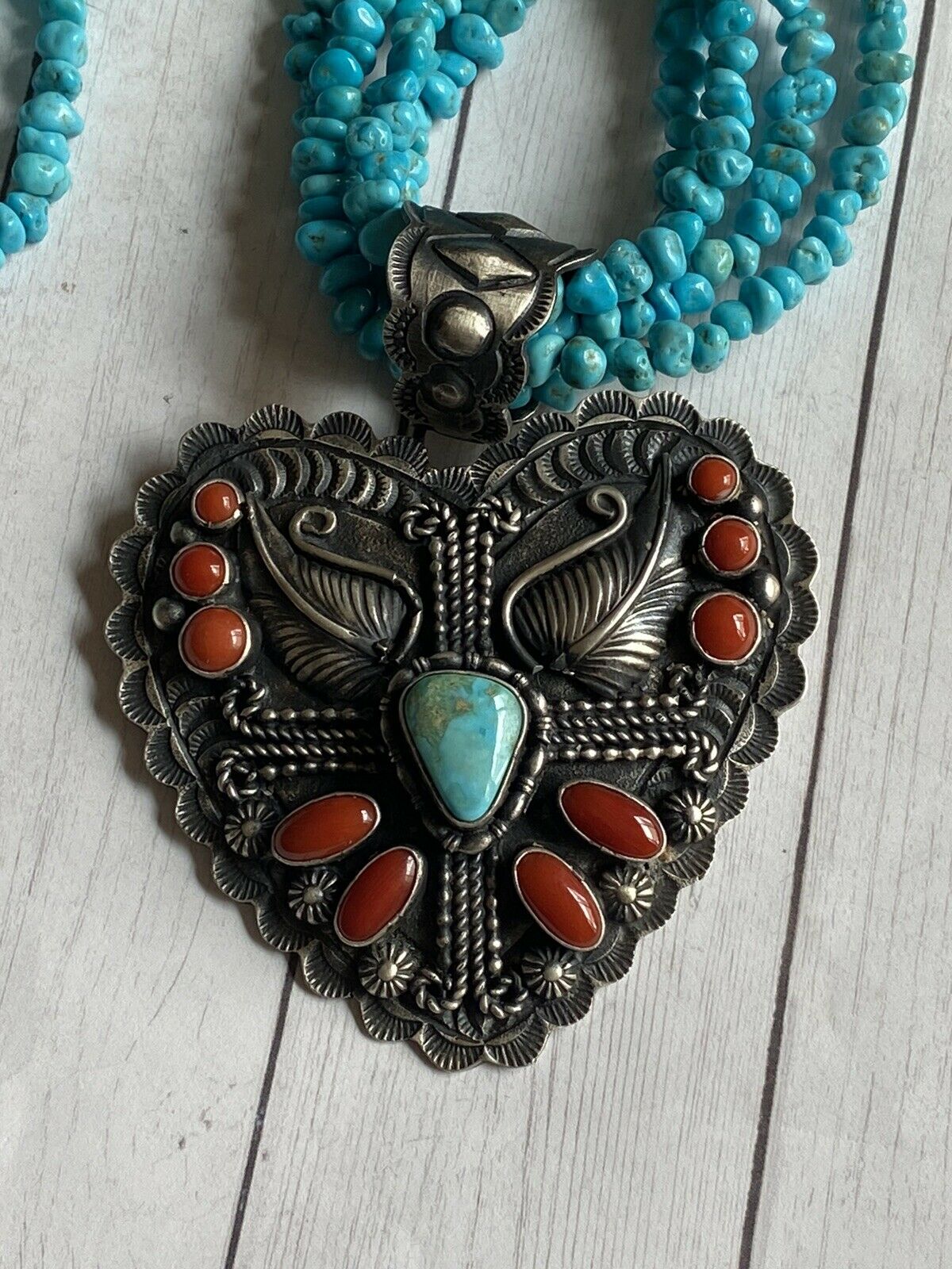 Shawn Cayatenito Sterling Silver Turquoise & Coral Heart Pendant Signed