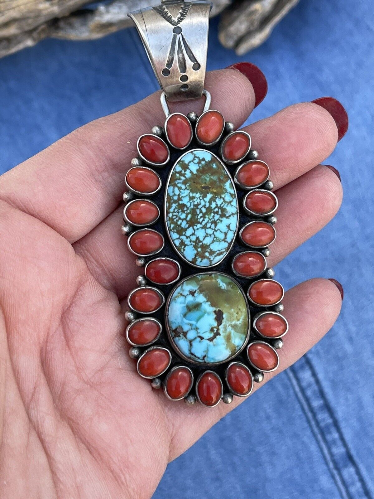 Navajo Sterling 2 Stone Kingman Web Turquoise & Red Coral Taos Pendant