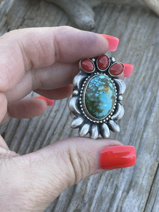 Handcrafted Sterling Kingman Web Turquoise & Red Coral Taos Collection Ring by Danny Clark, Sz 6.5