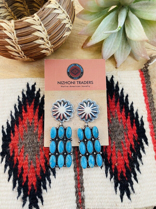 Handcrafted Turquoise & Sterling Silver Cluster Dangle Earrings Signed