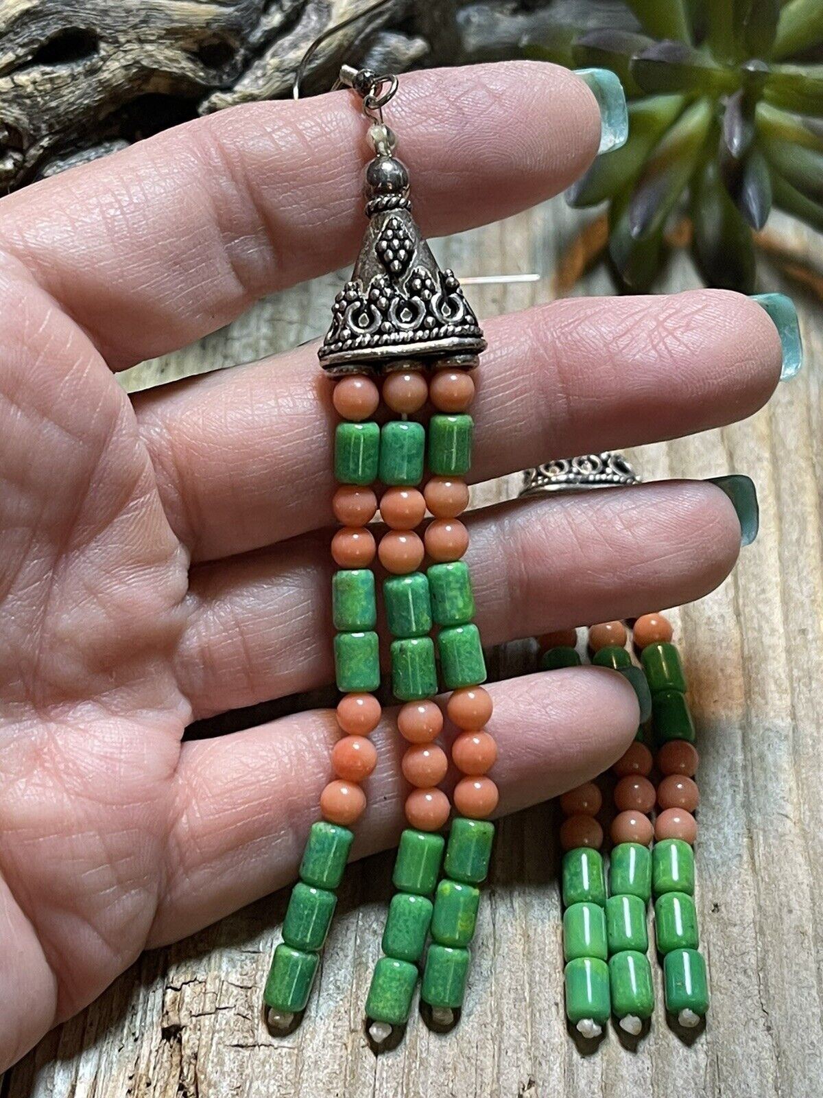 Navajo Sterling Dyed Green Kingman Turquoise and Pink Coral Bead Earrings