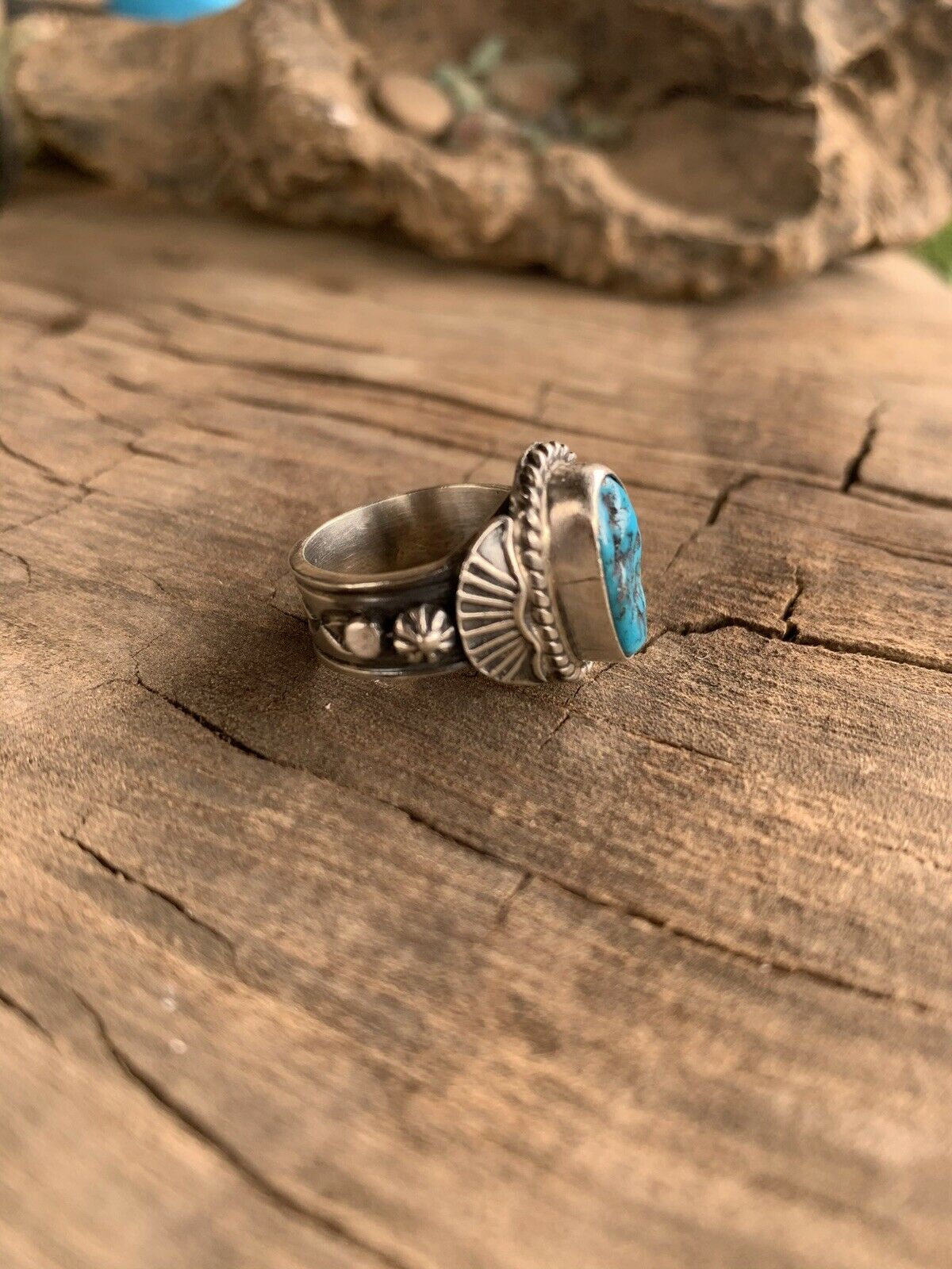 Handcrafted  Kingman Turquoise & Sterling Silver crescent ring