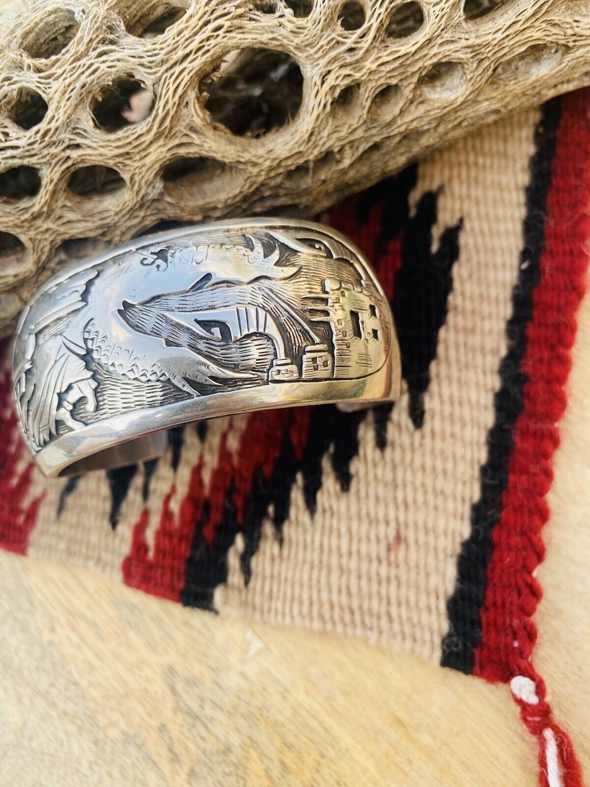 Vintage Navajo Sterling Silver Story Teller Cuff Bracelet