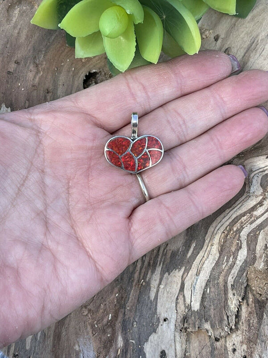 Handcrafted Iridescent Red Opal & Sterling Silver Heart Pendant