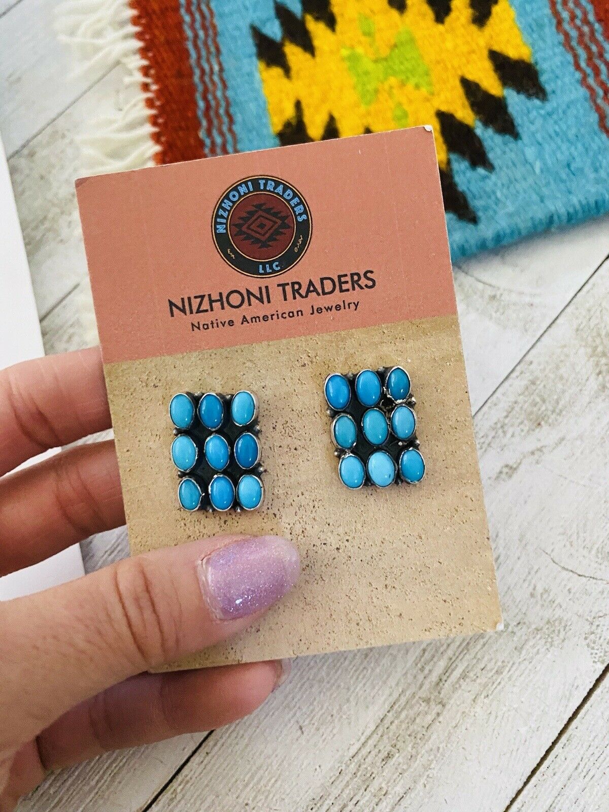 Navajo Turquoise & Sterling Silver Cluster Stud Earrings Signed