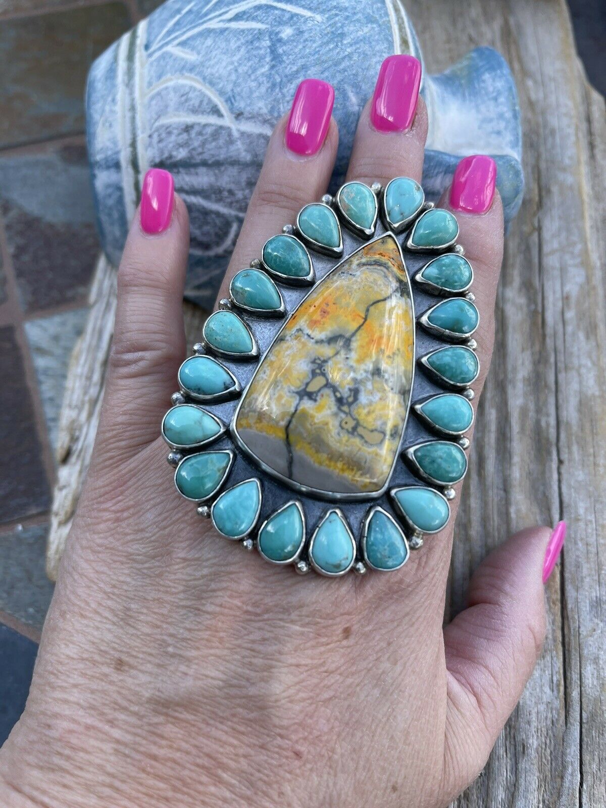 Handcrafted Sterling Bumblebee and Turquoise Stone Ring Sz 9.5