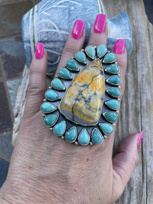 Handcrafted Sterling Bumblebee and Turquoise Stone Ring Sz 9.5