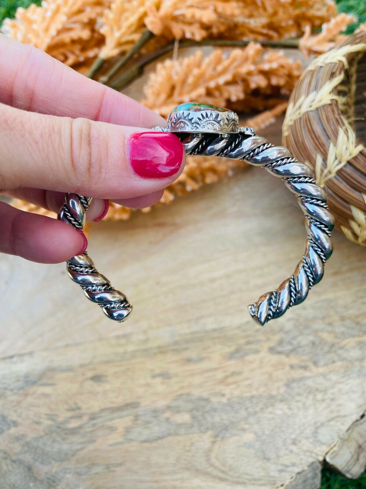 Handcrafted & Hand Stamped Sterling Silver & Royston Turquoise Cuff Bracelet