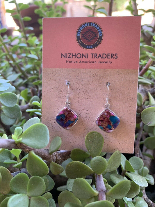 Navajo Pink Dream Mohave Sterling Silver Diamond Shaped Dangle Earrings