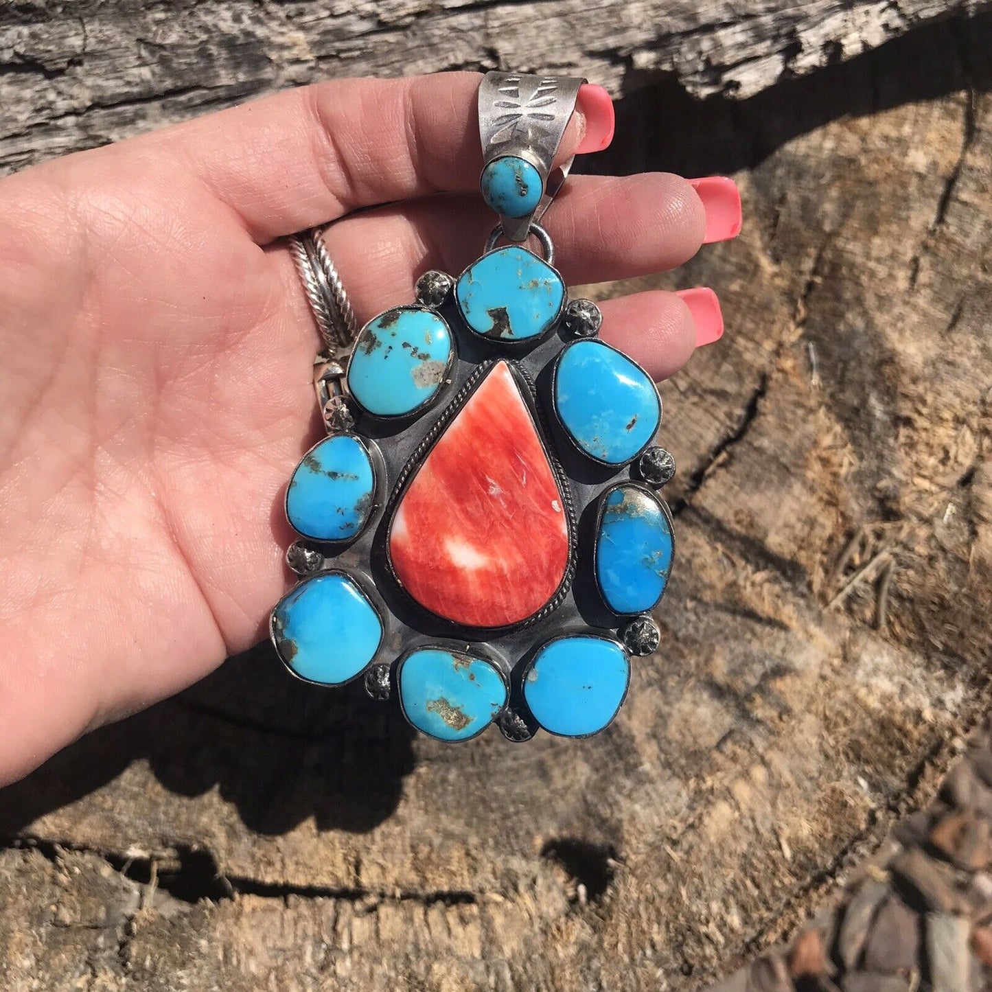 Navajo Sterling Silver Spiny Oyster And Kingman Turquoise Pendant