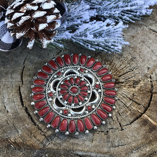Handcrafted Jumbo Sterling Silver & Natural Red Coral Cluster Pendant/pin Signed