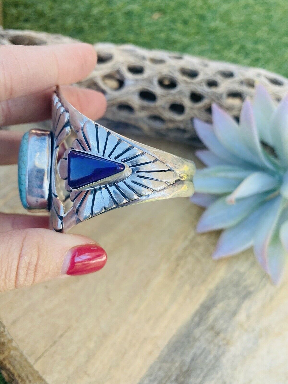 Handcrafted Dry Creek Turquoise, Charoite And Sterling Silver Cuff Bracelet