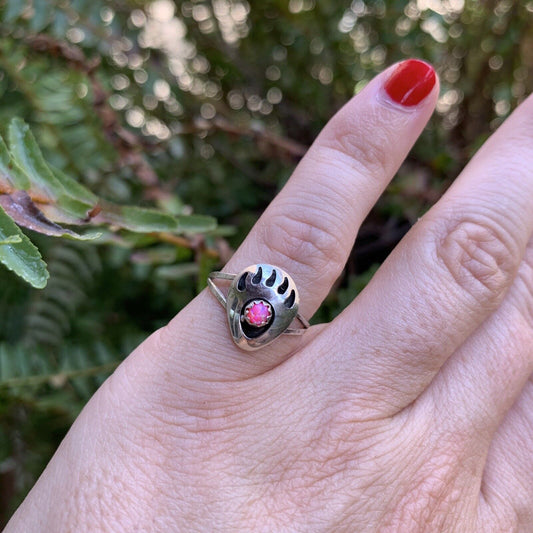 Handcrafted Sterling Silver Hot Pink Opal Bear Paw Ring