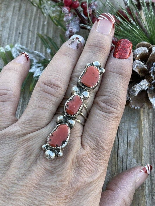 Handcrafted Sterling Silver Natural Coral Three Stone RIng Sz 5.5