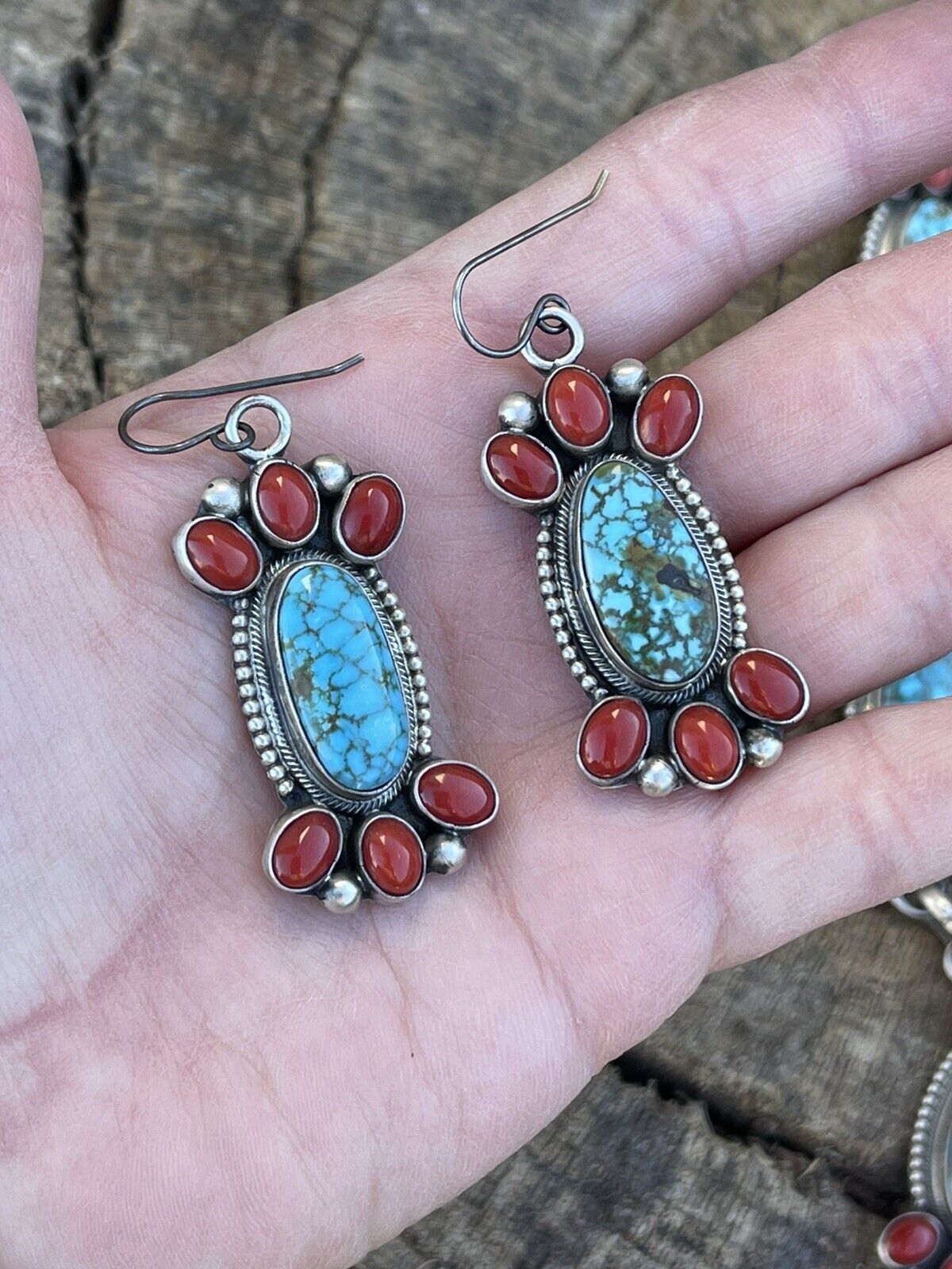 Handcrafted Sterling Kingman Turquoise Natural Red Coral Necklace Set Taos Collection