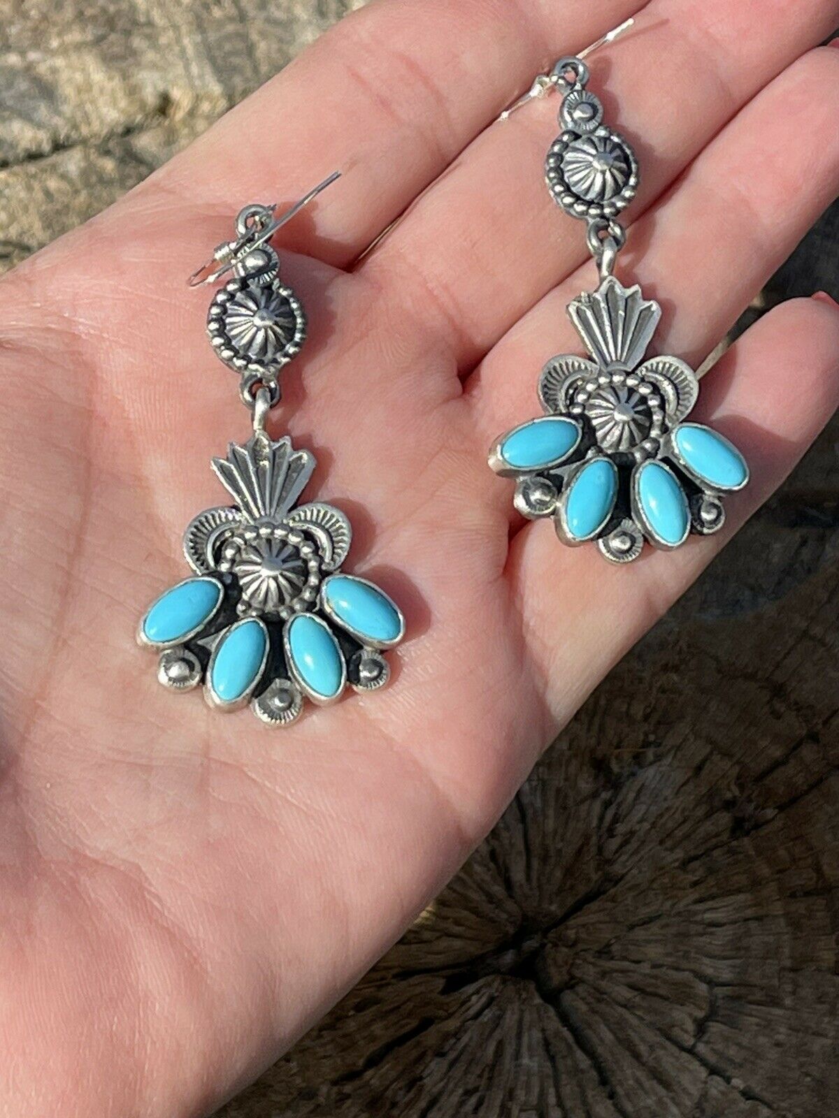 M & R Calladitto Navajo Turquoise Sterling Silver Dangle Earrings