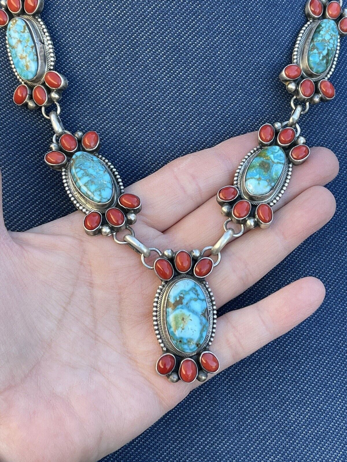 Handcrafted Sterling Kingman Turquoise Natural Red Coral Necklace Set Taos Collection
