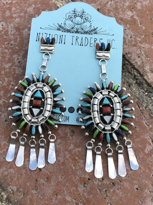 Handcrafted Sterling Silver and Multi Stone Needle Point Dangle Earrings Signed