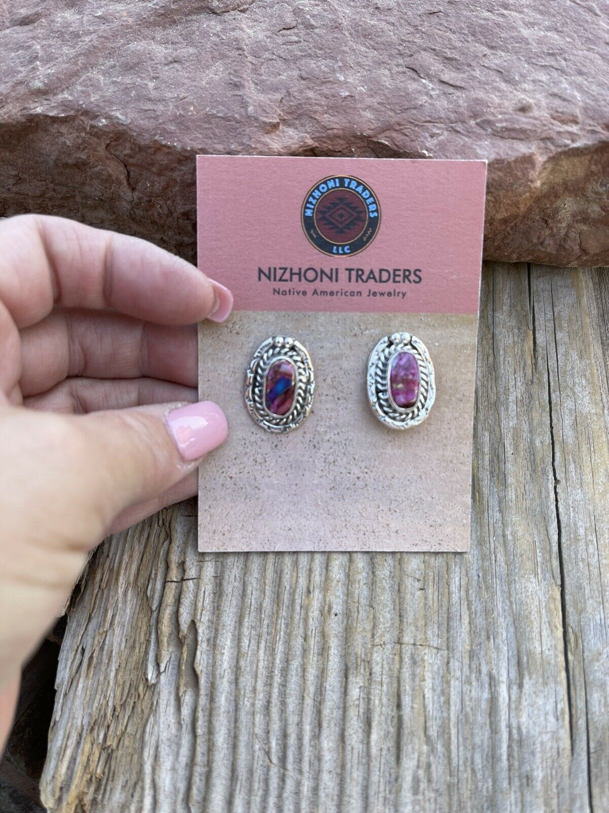 Navajo Pink Dream Mojave & Sterling Silver oval Stud Earrings