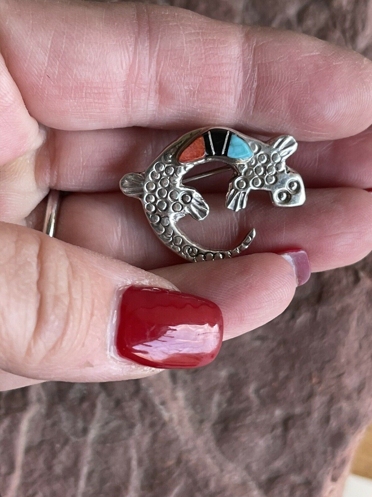 HandcraftedSterling Silver Turquoise, Onyx and Spiny Stone Lizard Pendant Pin Signed