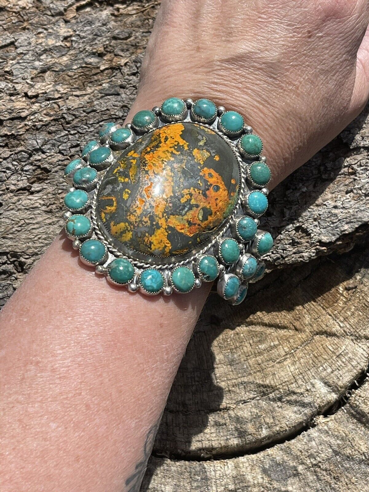 Handcrafted Sterling Silver Bumblebee & Turquoise Cluster Cuff Bracelet /