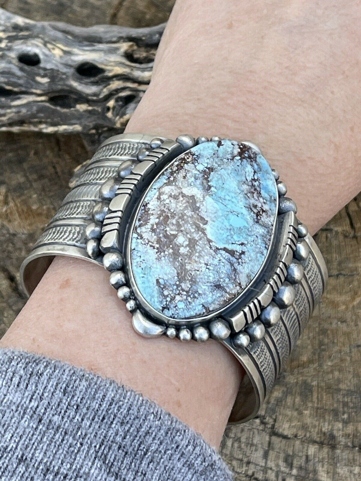 Handcrafted Handmade Sterling Silver & Number 8 Turquoise Signed Cuff Signed