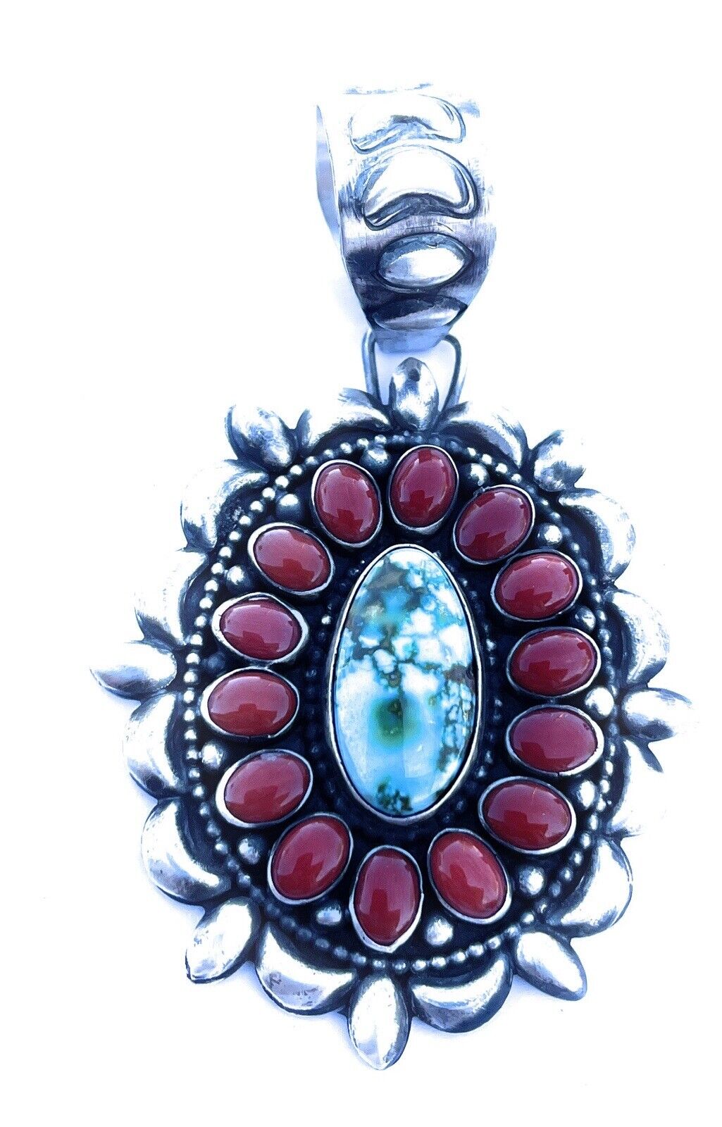 Handcrafted Sterling Kingman Web Turquoise & Red Coral Taos Ornate Pendant D. Clark