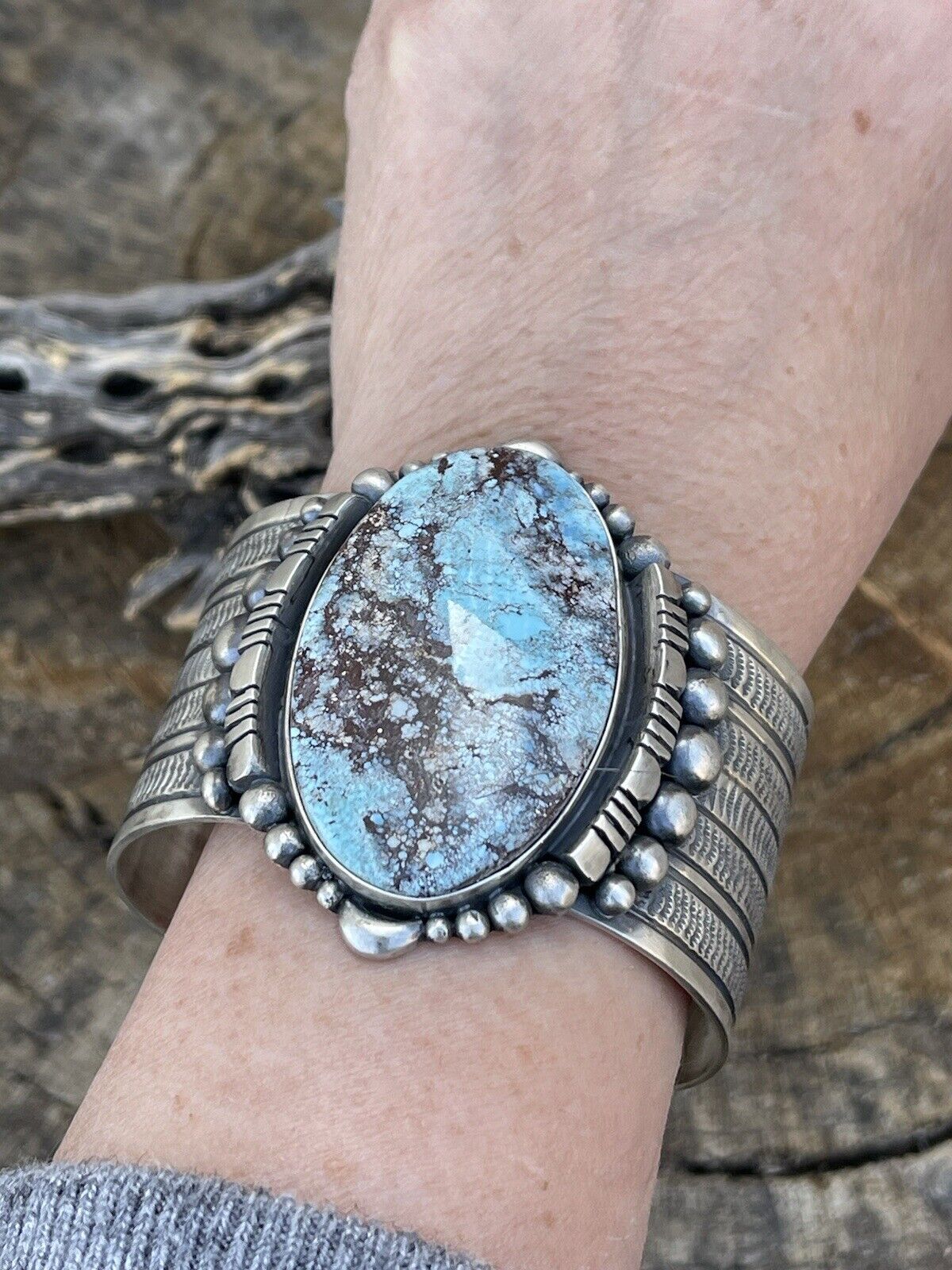 Handcrafted Handmade Sterling Silver & Number 8 Turquoise Signed Cuff Signed
