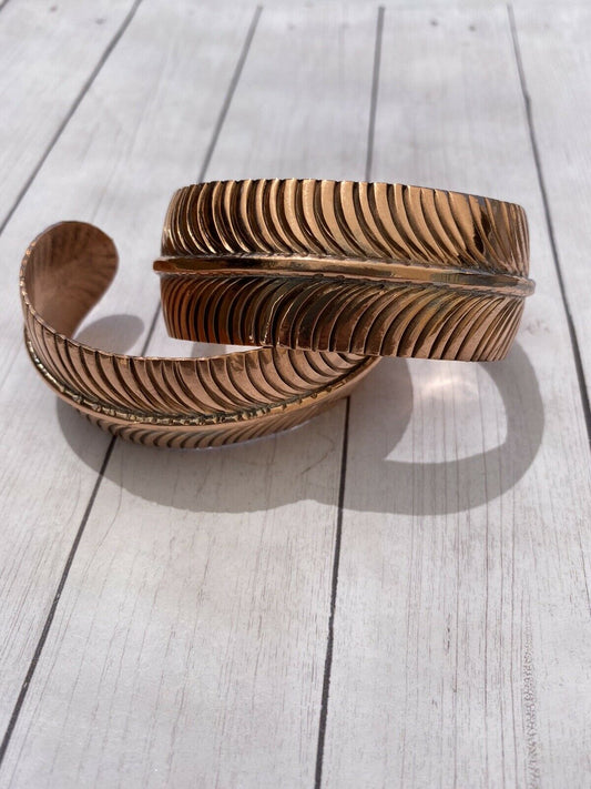 Handcrafted Copper Hand Stamped  Feather Bracelet Cuff