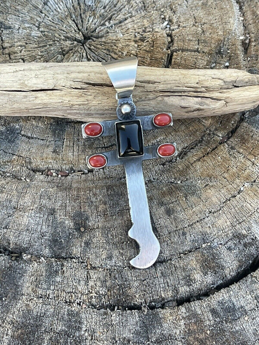 Handcrafted Sterling Silver Black Onyx and Coral Dragonfly Pendant By Chimney Butte