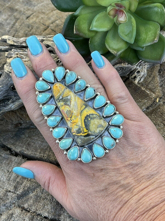 Handcrafted Sterling Silver Bumblebee and Turquoise Stone Ring Sz 8.5
