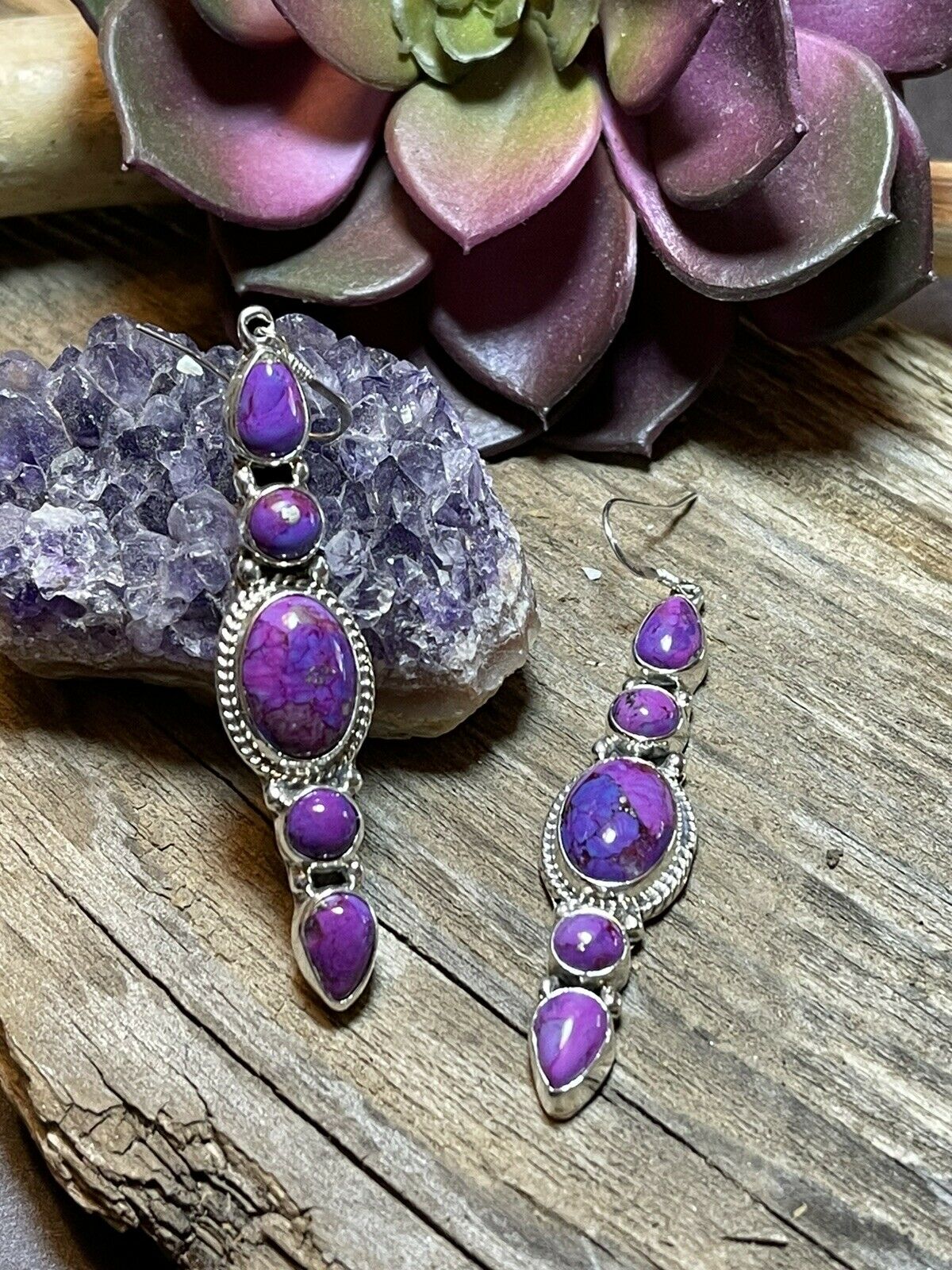 Handcrafted Sterling Silver Purple Mojave Dangle Fancy Earrings Signed