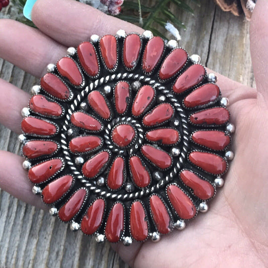 Navajo Jumbo Sterling Silver Natural Red Coral Cluster Pendant/pin Signed