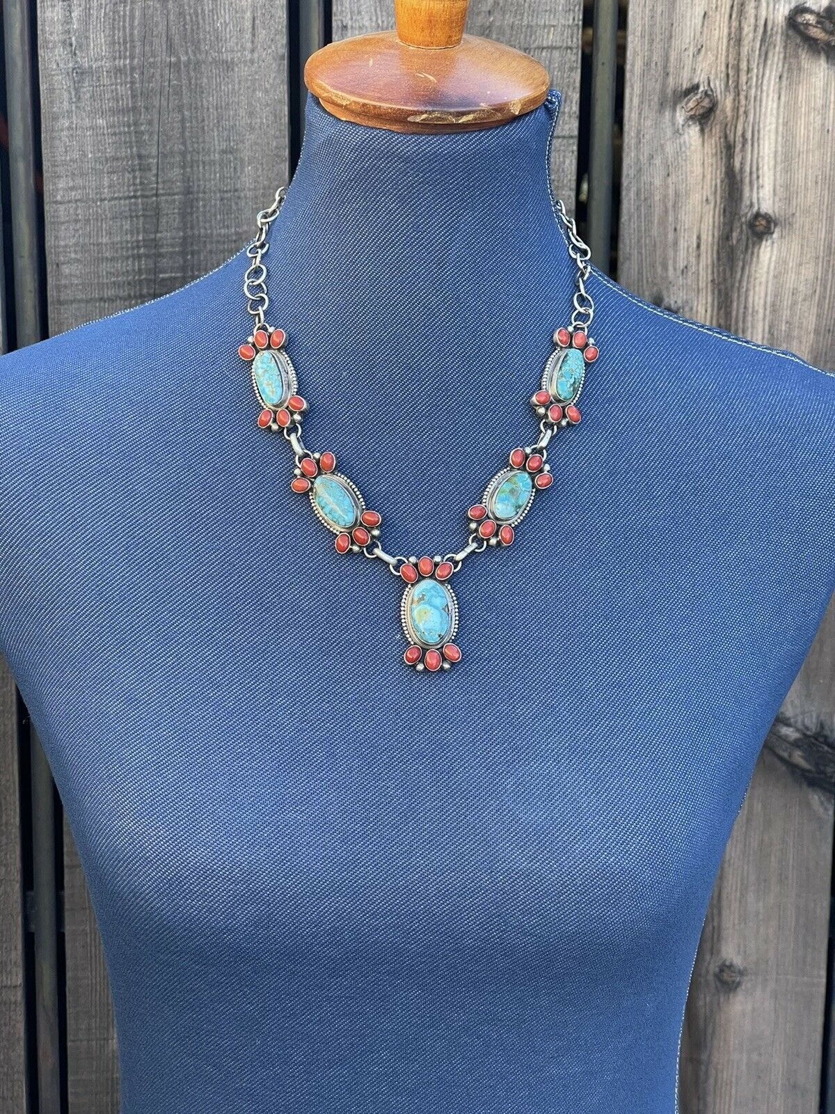 Handcrafted Sterling Kingman Turquoise Natural Red Coral Necklace Set Taos Collection
