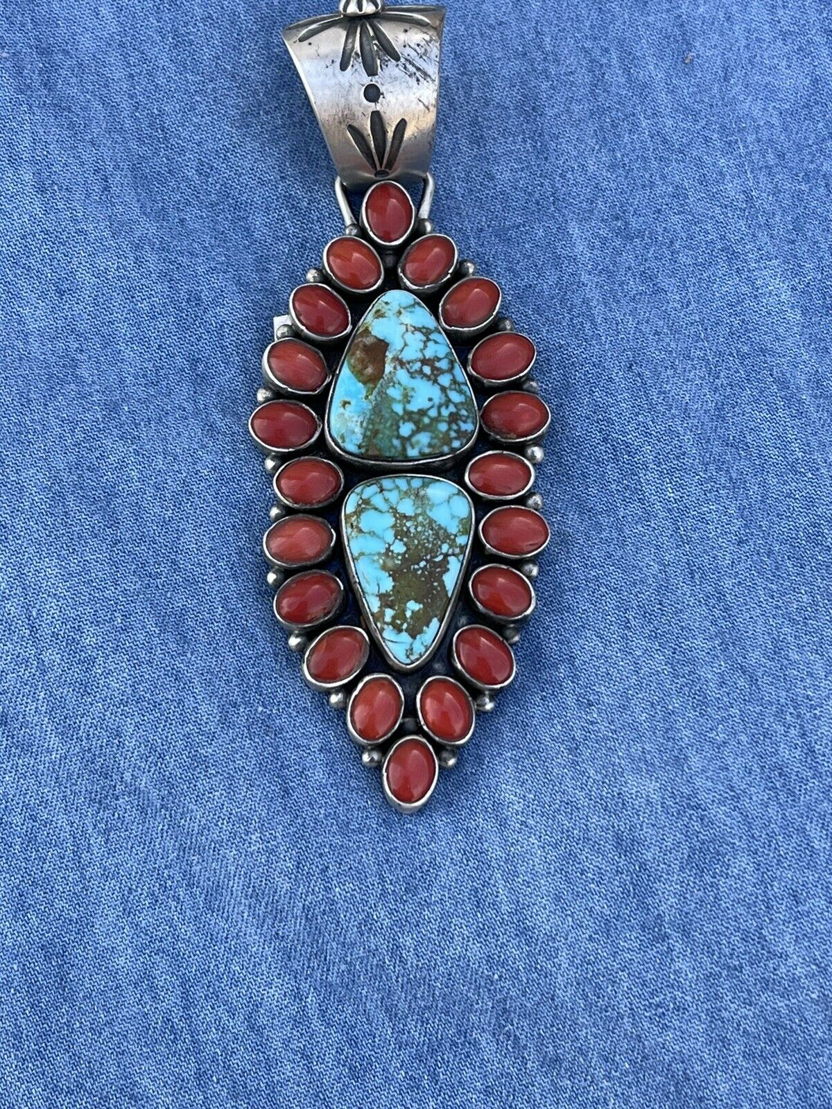 Handcrafted Sterling Silver 2 Stone Kingman Web Turquoise & Red Coral Taos Pendant