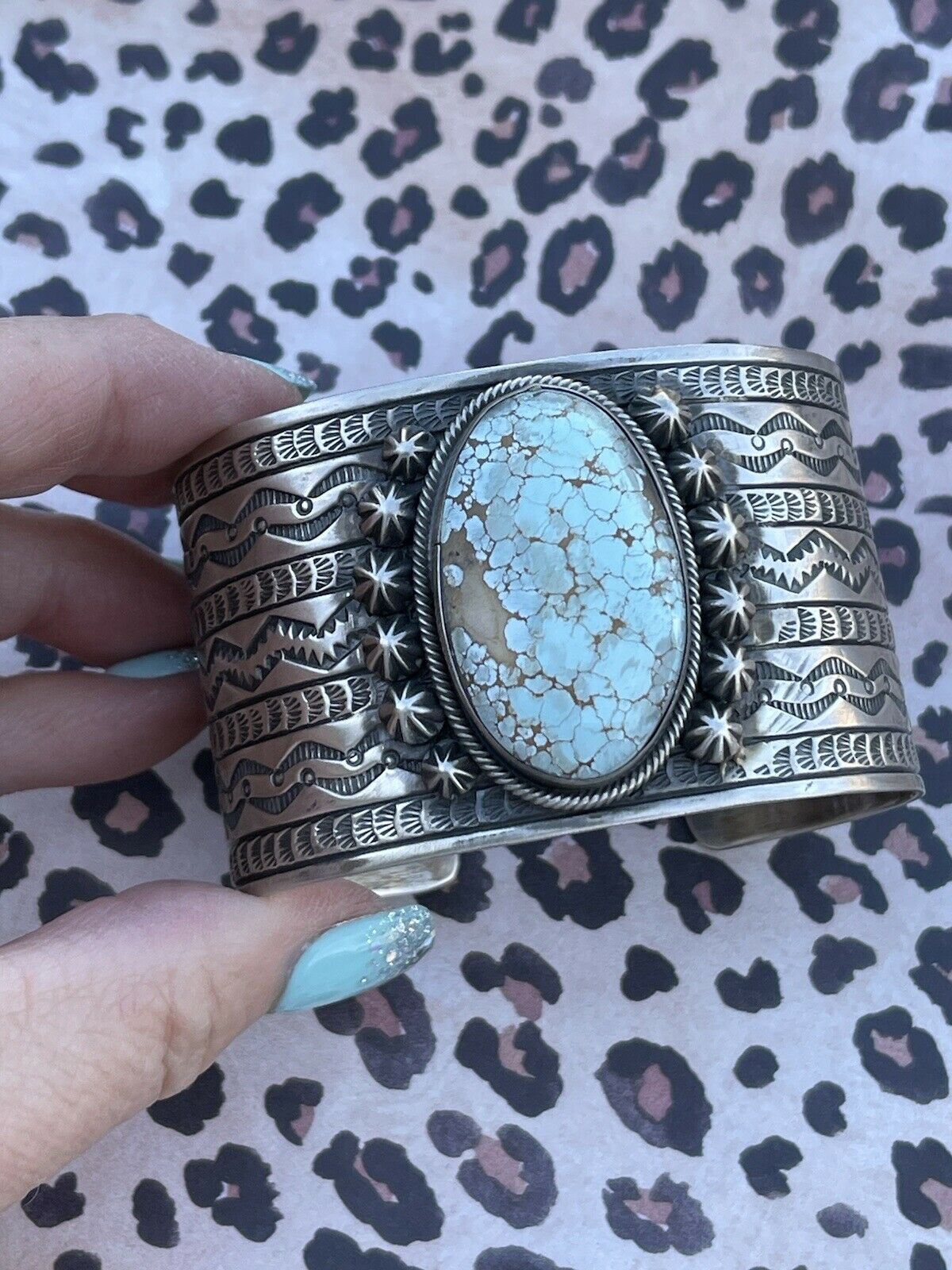 Navajo Handmade Sterling & Number 8 Turquoise Signed Cuff Signed Danny Clark