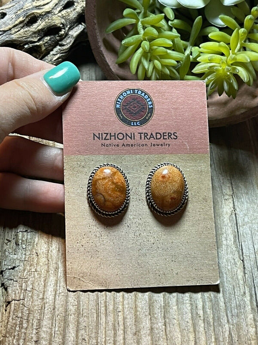 Handcrafted Sterling Silver Apple Coral Oval Post Earrings