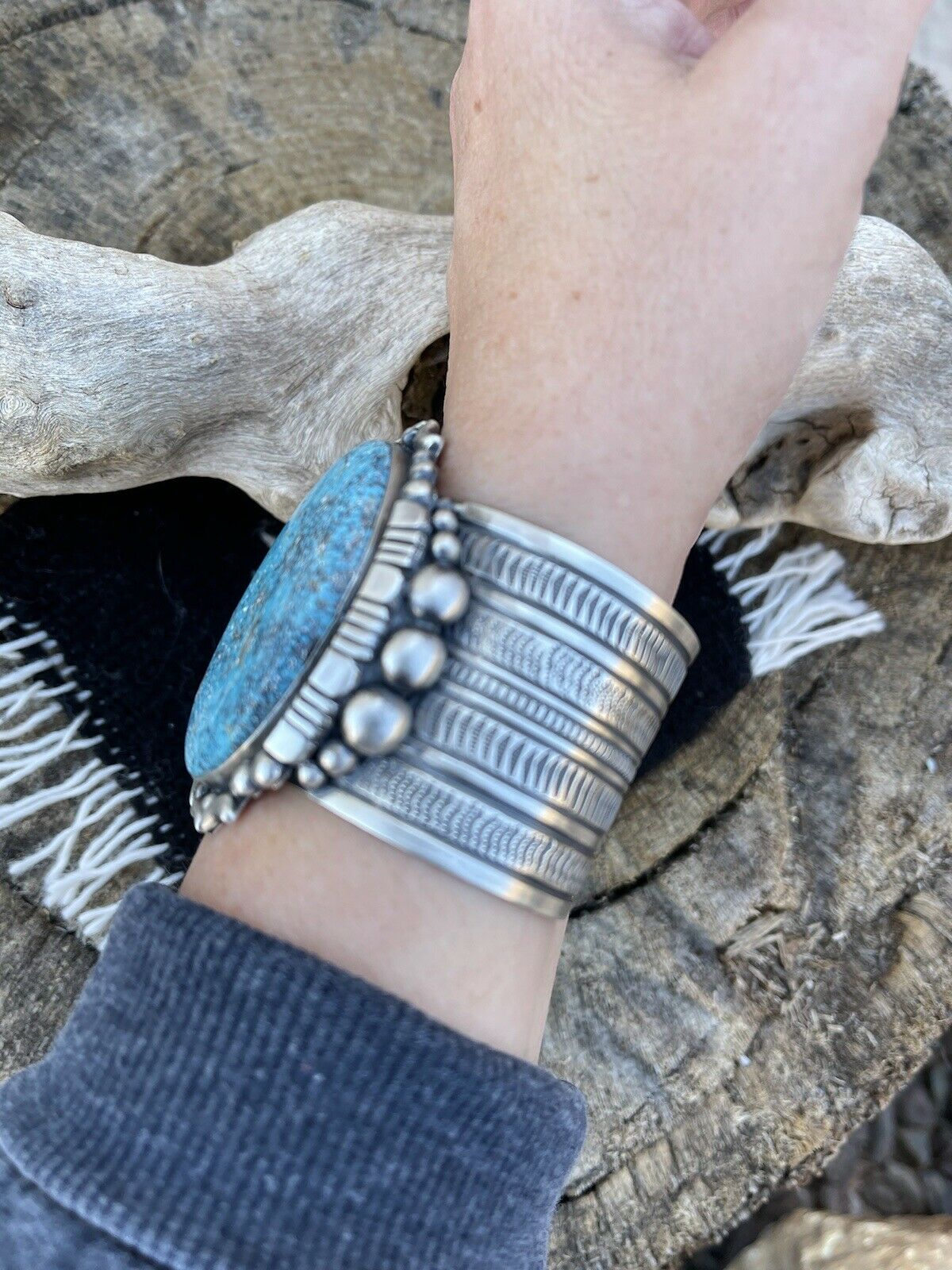 Handcrafted Southwest Kingman Turquoise & Sterling Silver Cuff Signed Danny Clark