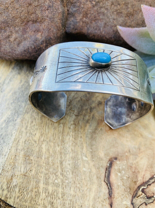 Handcrafted Vintage Turquoise & Sterling Silver Cuff Bracelet Signed
