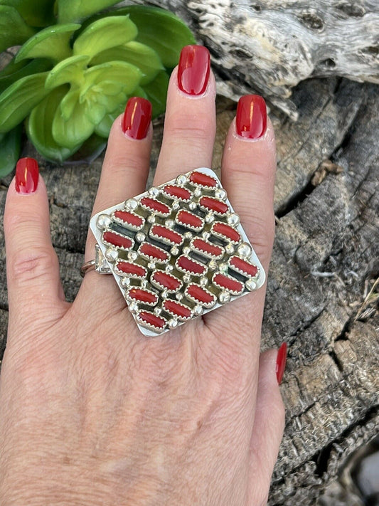 Handcrafted Sterling Silver Square Platform Red Coral Ring Sz 8